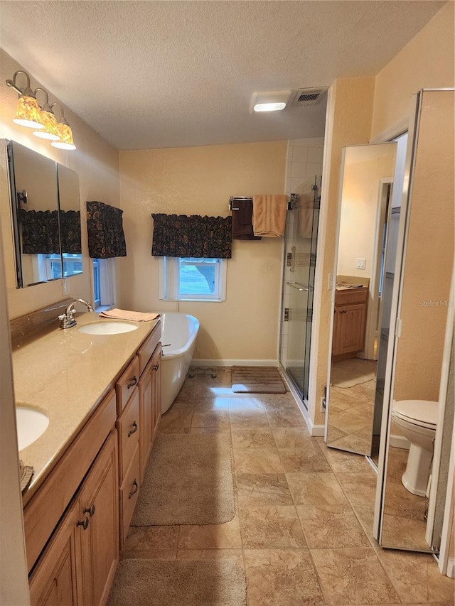 14902 Arrena Rd, Winter Garden, FL 34787 - full bathroom with double vanity, a freestanding tub, a textured ceiling, a shower stall, and toilet