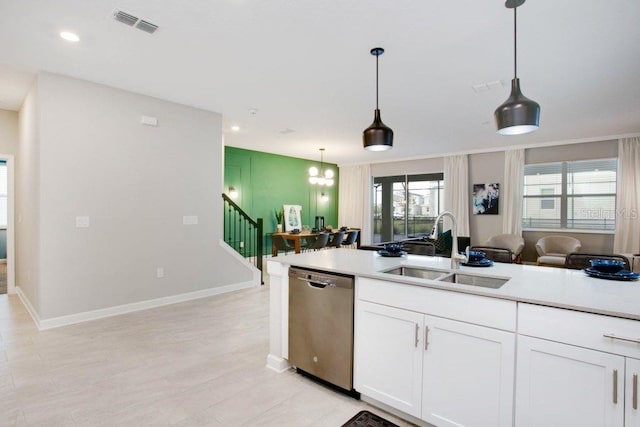 kitchen featuring decorative light fixtures, sink, a healthy amount of sunlight, and stainless steel dishwasher