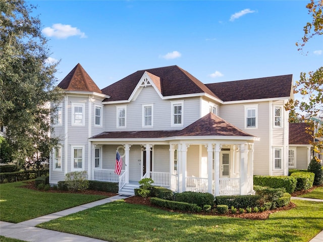 victorian house with a porch and a front lawn