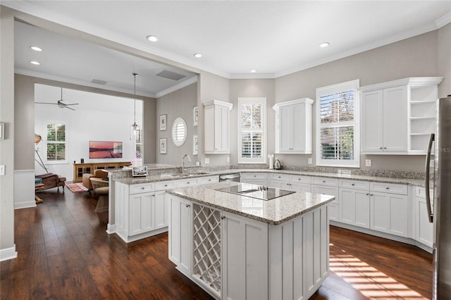 kitchen with appliances with stainless steel finishes, a healthy amount of sunlight, white cabinets, and dark hardwood / wood-style flooring