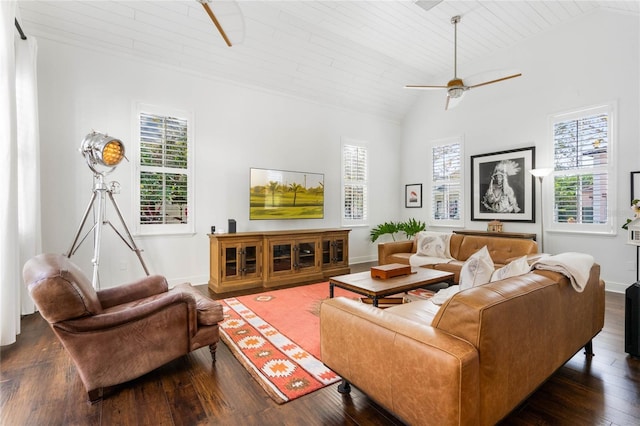 living room with high vaulted ceiling, ceiling fan, dark wood-type flooring, and wooden ceiling