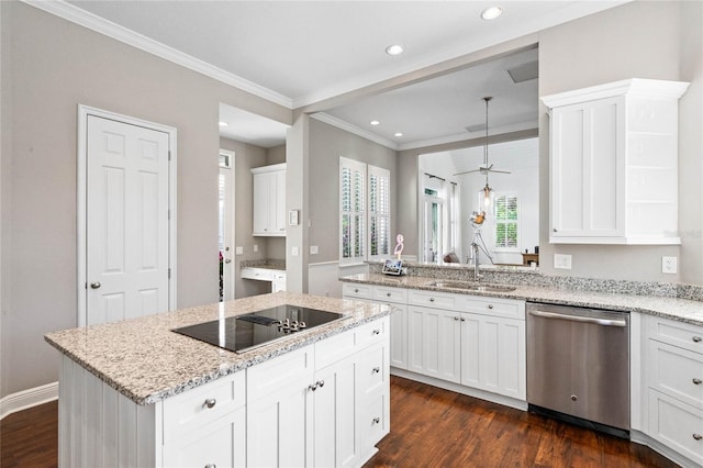 kitchen featuring sink, white cabinetry, black electric cooktop, dishwasher, and dark hardwood / wood-style flooring