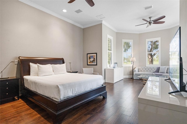 bedroom with ceiling fan, crown molding, and dark hardwood / wood-style flooring