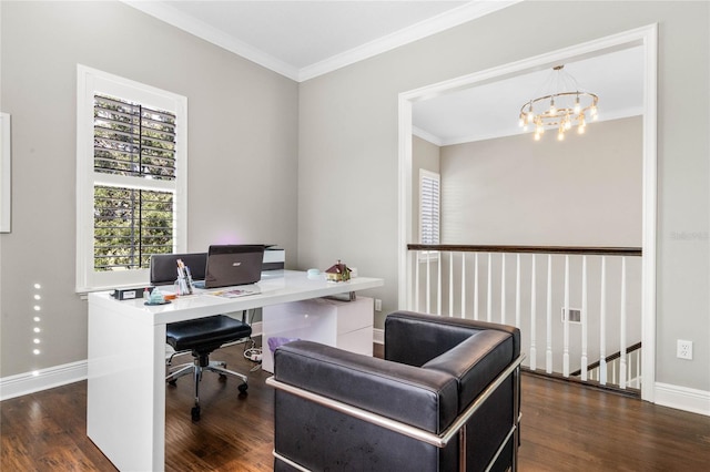 office area featuring dark hardwood / wood-style floors, crown molding, and a chandelier