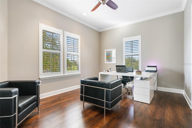 home office featuring ceiling fan, ornamental molding, dark wood-type flooring, and a wealth of natural light