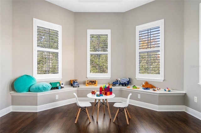 game room featuring a healthy amount of sunlight and dark hardwood / wood-style floors