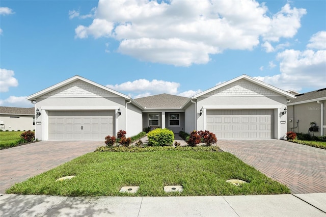 single story home with a garage and a front lawn