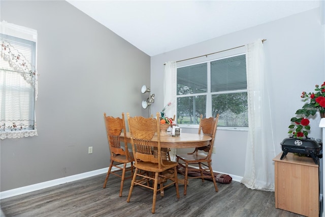 dining space featuring lofted ceiling, plenty of natural light, and dark hardwood / wood-style flooring