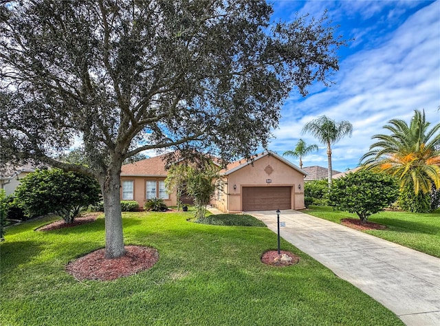 ranch-style home featuring a front yard and a garage