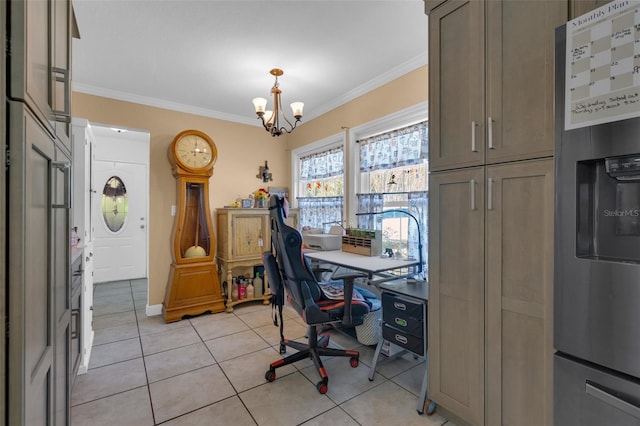 tiled home office featuring ornamental molding and a chandelier