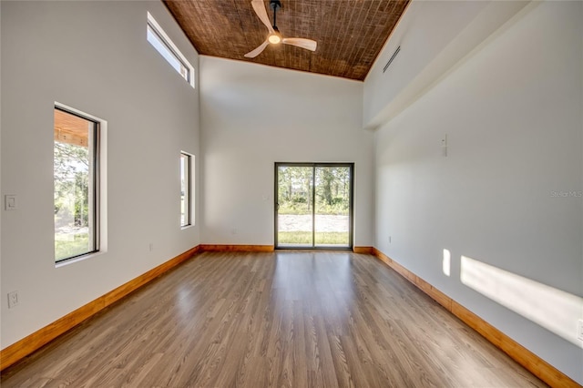 unfurnished room with ceiling fan, high vaulted ceiling, wood-type flooring, and wooden ceiling