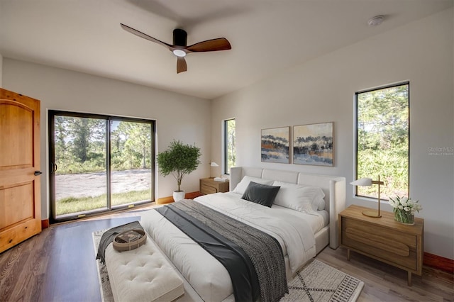 bedroom with ceiling fan and light hardwood / wood-style flooring