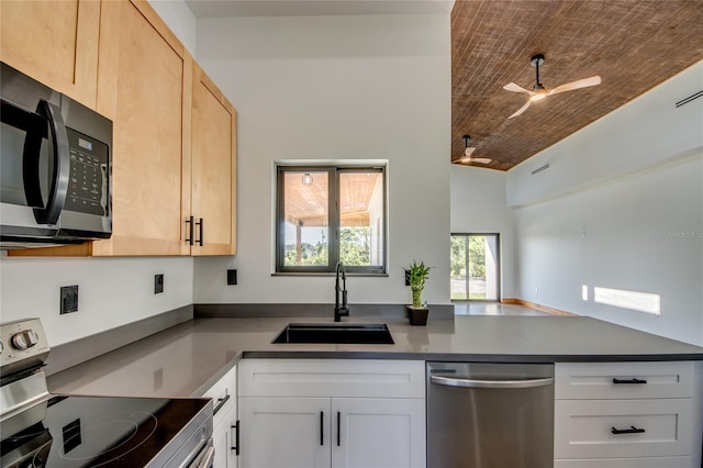 kitchen with white cabinets, sink, wooden ceiling, and stainless steel appliances