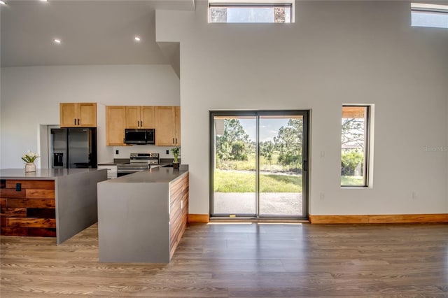 kitchen with light brown cabinets, a high ceiling, light wood-type flooring, kitchen peninsula, and stainless steel appliances