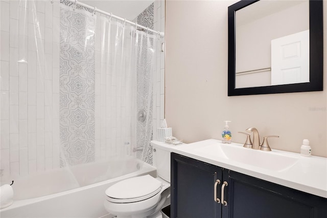 bathroom featuring toilet, vanity, and shower / bath combination with curtain