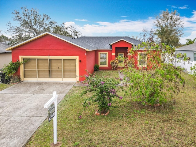 single story home featuring stucco siding, a front lawn, driveway, an attached garage, and a shingled roof