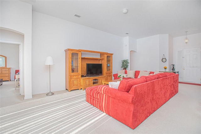 living room with light colored carpet