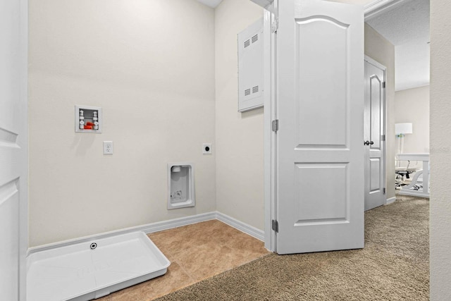 washroom featuring washer hookup, carpet floors, and electric dryer hookup