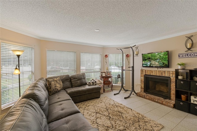 living room with a textured ceiling, light tile patterned floors, and ornamental molding