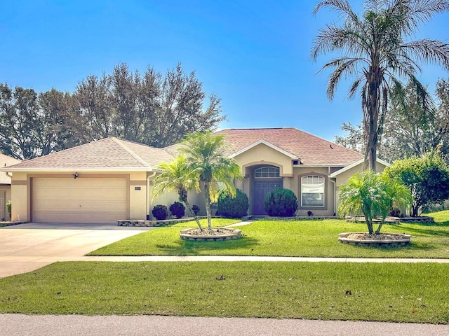 ranch-style home with a front lawn and a garage