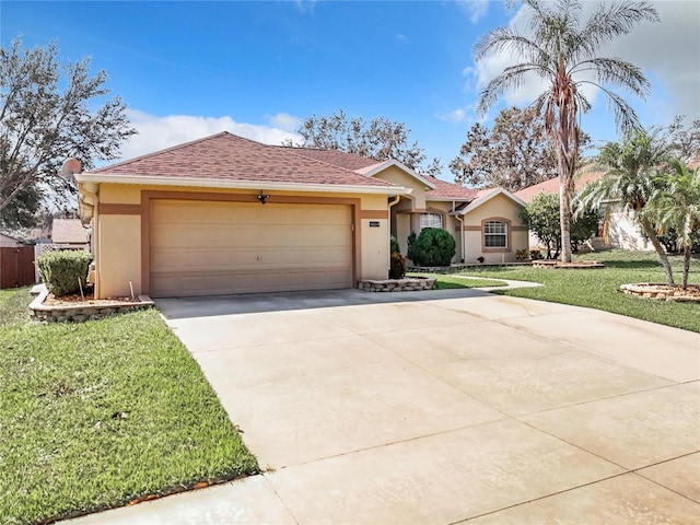 single story home featuring a front yard and a garage