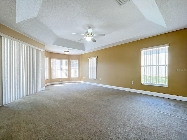 empty room featuring carpet, a textured ceiling, and a tray ceiling