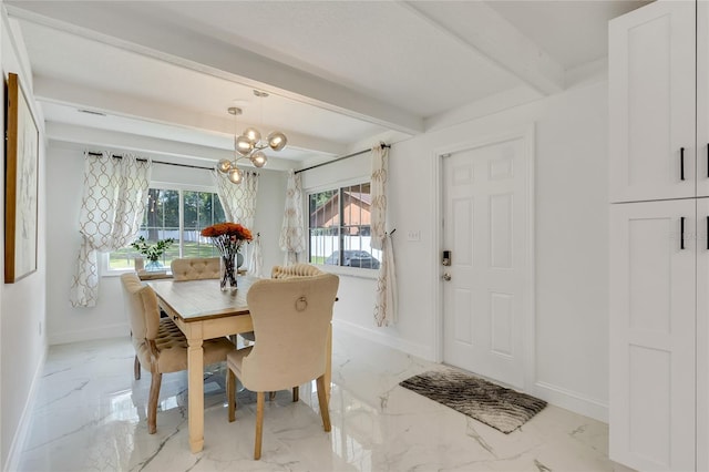 dining area with an inviting chandelier and beamed ceiling