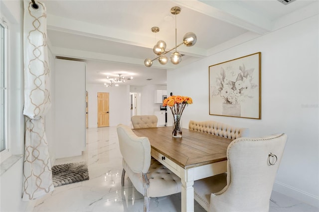 dining space with beamed ceiling and a chandelier