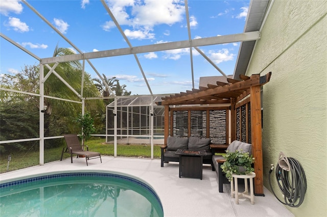 view of pool featuring a patio, glass enclosure, and a pergola