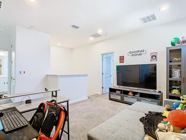 living room featuring light colored carpet