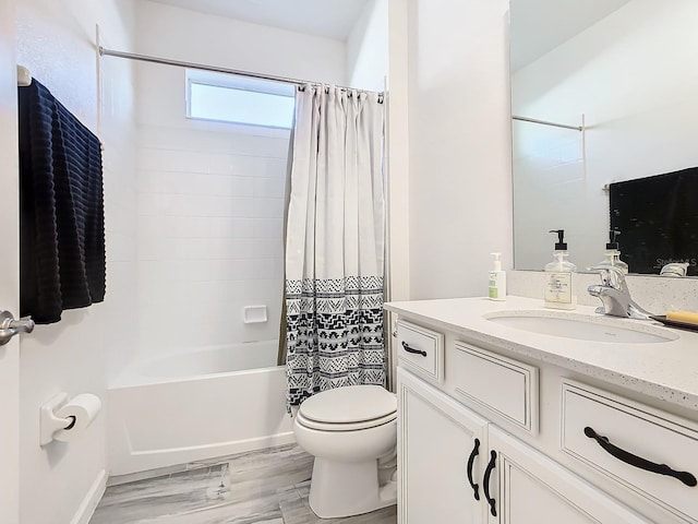 full bathroom with vanity, hardwood / wood-style floors, shower / bathtub combination with curtain, and toilet