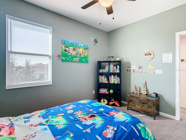 bedroom featuring carpet flooring and ceiling fan