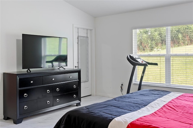 bedroom featuring lofted ceiling