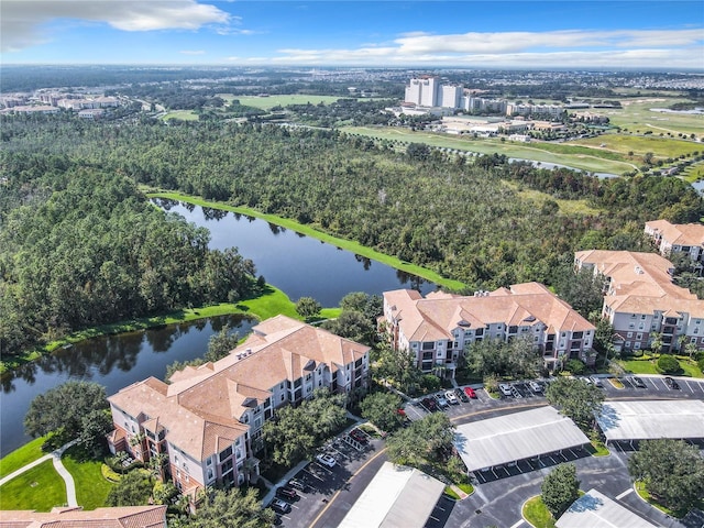 aerial view featuring a water view