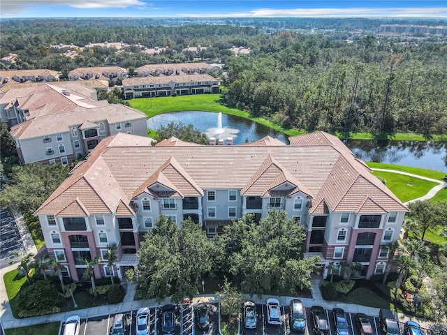 bird's eye view with a water view