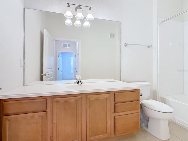 full bathroom with vanity, toilet, bathtub / shower combination, and tile patterned floors