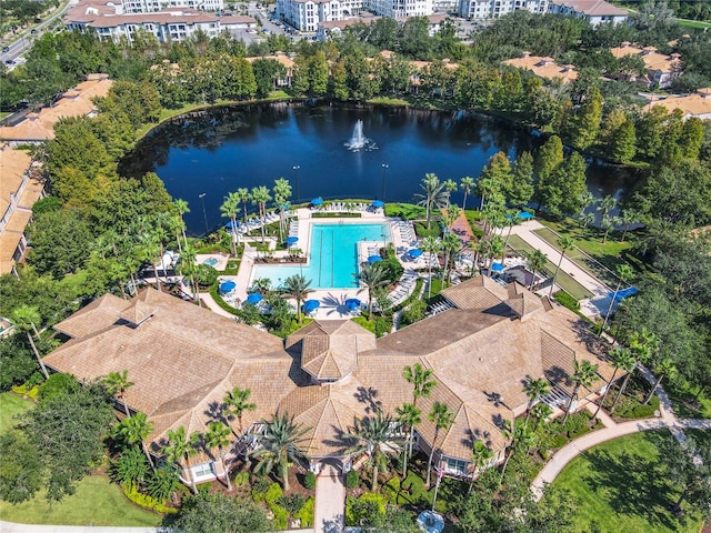 birds eye view of property featuring a water view