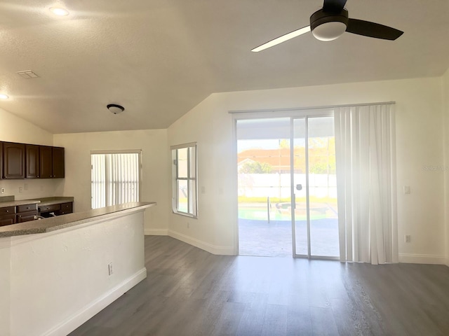 kitchen with dark brown cabinets, vaulted ceiling, ceiling fan, and wood-type flooring