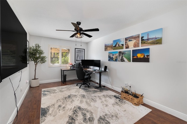 office area with ceiling fan and dark hardwood / wood-style floors