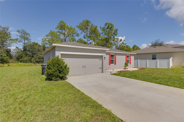 ranch-style home with a garage and a front yard