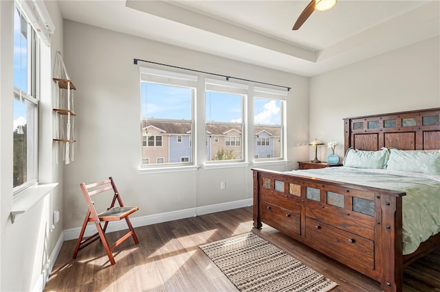 bedroom featuring a tray ceiling, dark hardwood / wood-style flooring, and ceiling fan