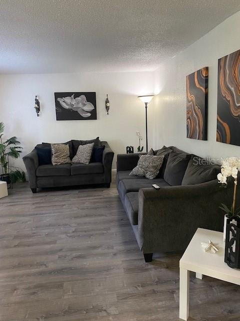 living room featuring hardwood / wood-style floors and a textured ceiling