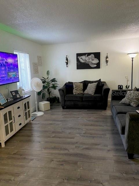 living room featuring dark wood-type flooring and a textured ceiling