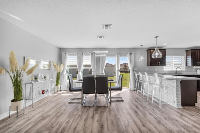 dining space with a textured ceiling, light wood-type flooring, sink, and a healthy amount of sunlight