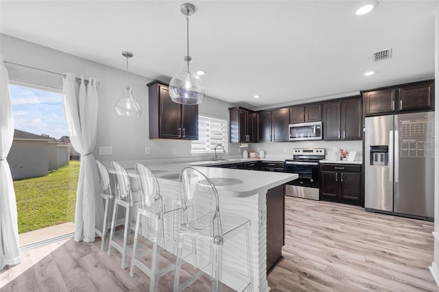 kitchen with light hardwood / wood-style floors, decorative light fixtures, appliances with stainless steel finishes, and a healthy amount of sunlight