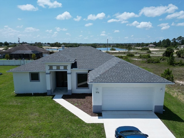 view of front of house with stucco siding, a shingled roof, concrete driveway, an attached garage, and a front lawn