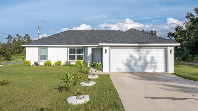 single story home featuring a front lawn and a garage