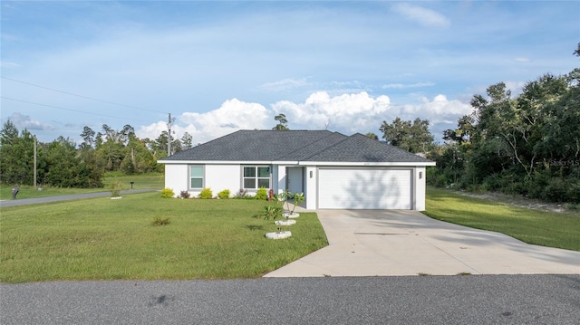 ranch-style home with a front yard and a garage