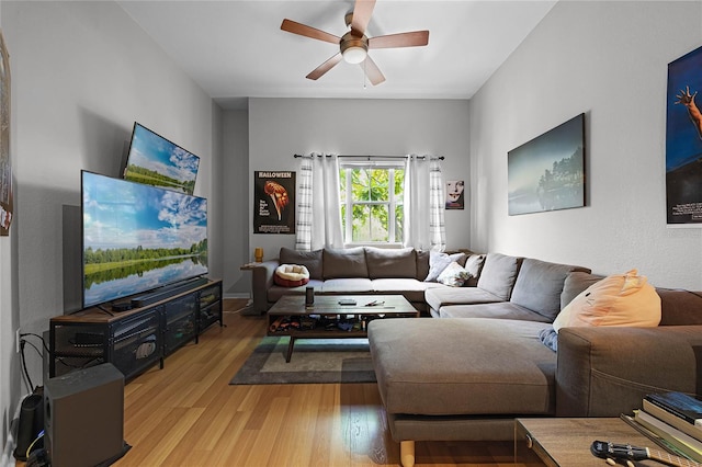 living room featuring ceiling fan and light wood-type flooring