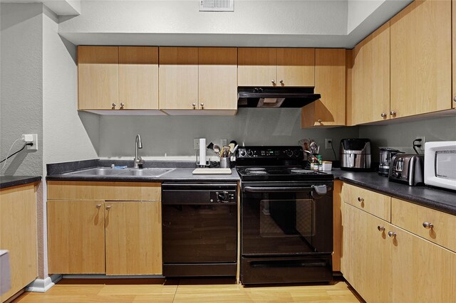 kitchen featuring black appliances, sink, and light hardwood / wood-style flooring